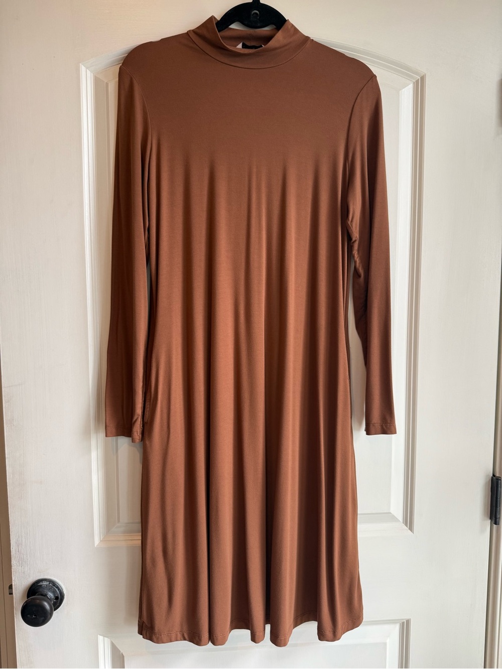 Susan Graver Long Sleeve Mock Neck A-Line Dress - Chestnut Brown